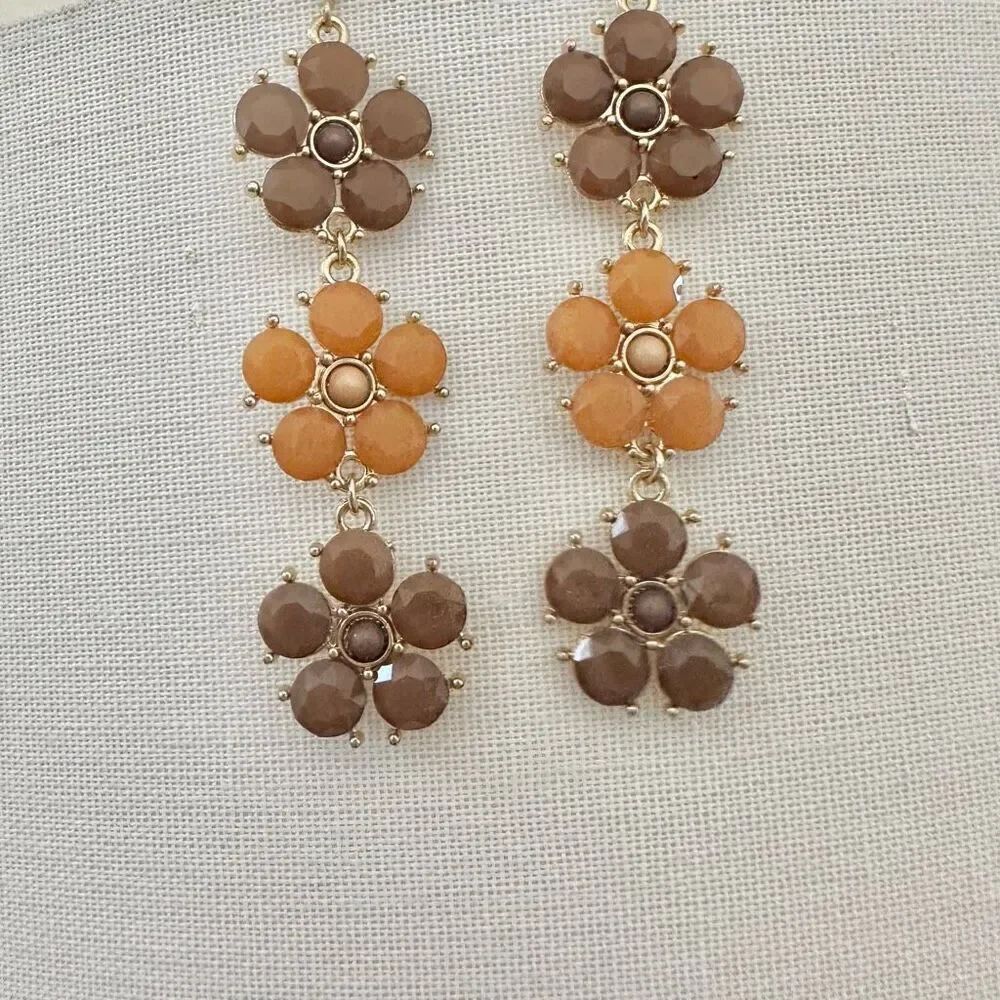 Orange and brown flower triple tier drop  earrings